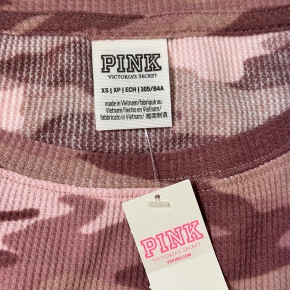 PINK Victoria's Secret Women's XS Camo Waffle‎ Knit Thermal Top Pink Long Sleeve - Picture 6 of 8
